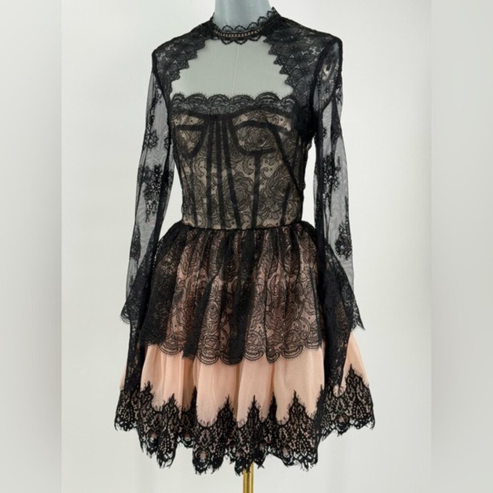🆕 BRONX & BANCO 🧿 NWOT Daphne Illusion Lace Long Sleeve Mini Dress, Sz XS US 2 - Picture 11 of 14